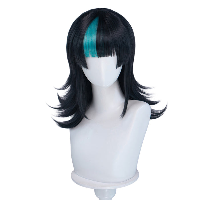 【Ready For Ship】DokiDoki Anime Cosplay Wig Long Curly Black Cyan Highlight Hair