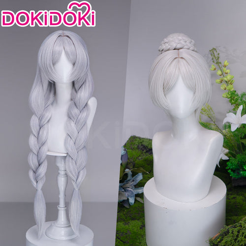 【Ready For Ship】DokiDoki Anime Manga Cosplay Wig Short Straight Silver Hair Braided Bun Updo Twin Braids
