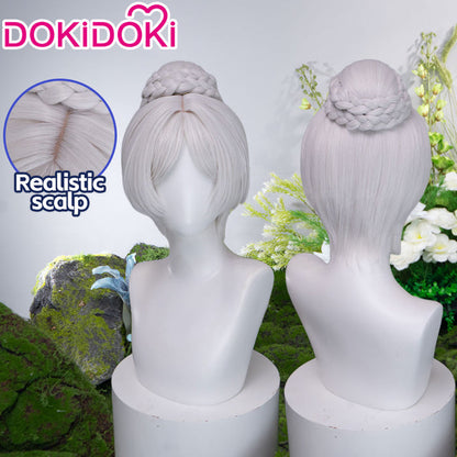 【Ready For Ship】DokiDoki Anime Manga Cosplay Wig Short Straight Silver Hair Braided Bun Updo Twin Braids