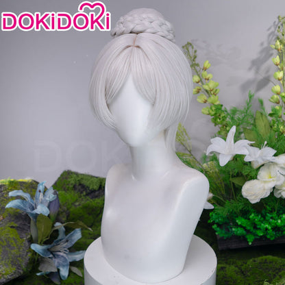【Ready For Ship】DokiDoki Anime Manga Cosplay Wig Short Straight Silver Hair Braided Bun Updo Twin Braids