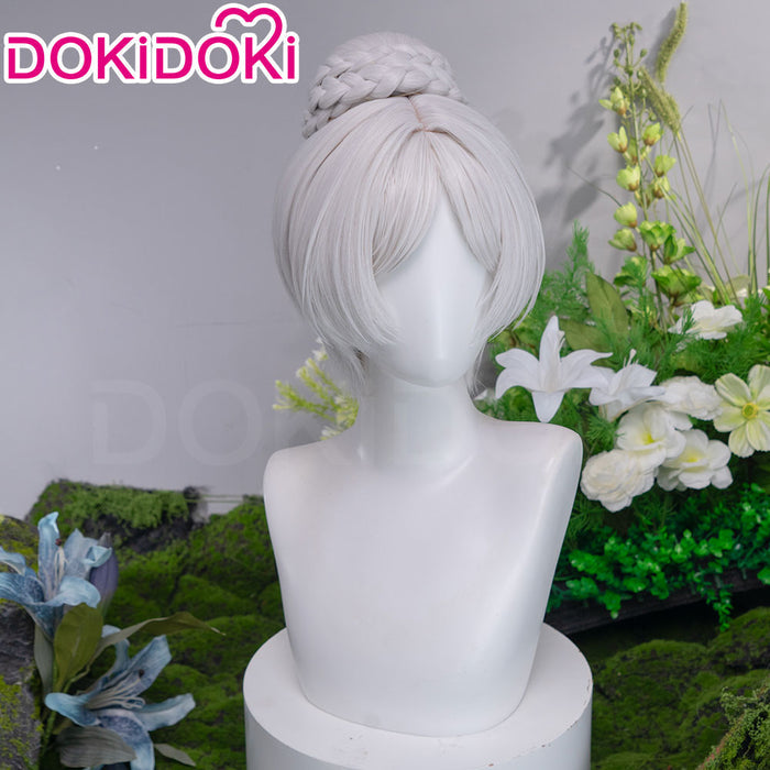 【Ready For Ship】DokiDoki Anime Manga Cosplay Wig Short Straight Silver Hair Braided Bun Updo Twin Braids