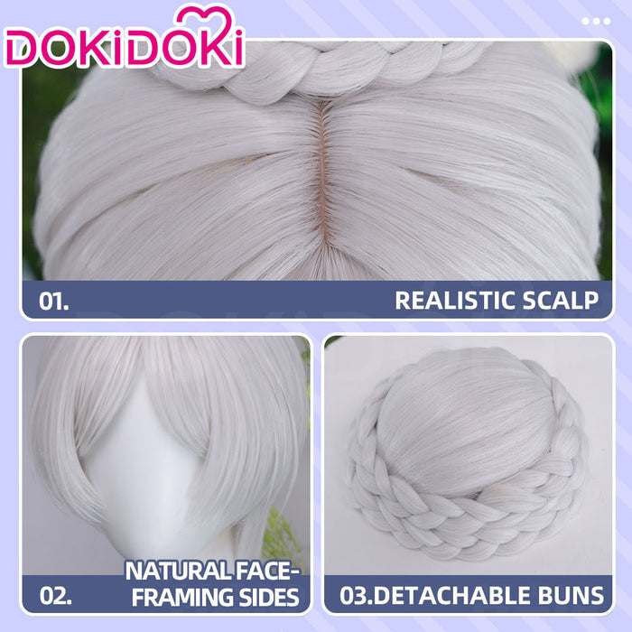 【Ready For Ship】DokiDoki Anime Manga Cosplay Wig Short Straight Silver Hair Braided Bun Updo Twin Braids
