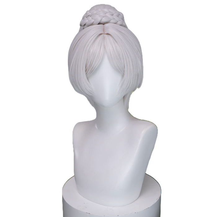 【Ready For Ship】DokiDoki Anime Manga Cosplay Wig Short Straight Silver Hair Braided Bun Updo Twin Braids