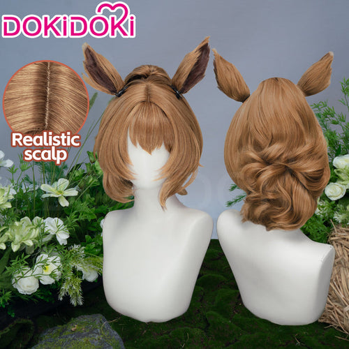 【Ready For Ship】DokiDoki Game Cosplay Wig Short Curly Brown Hair Detachable Ears