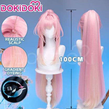 【Ready For Ship】DokiDoki Game Wuthering Waves Cosplay Aemeath Wig / Headpiece Long Straight Pink Ponytail Gradient Dyeing Hair
