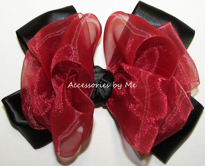 Red Black Organza Satin Hair Bow