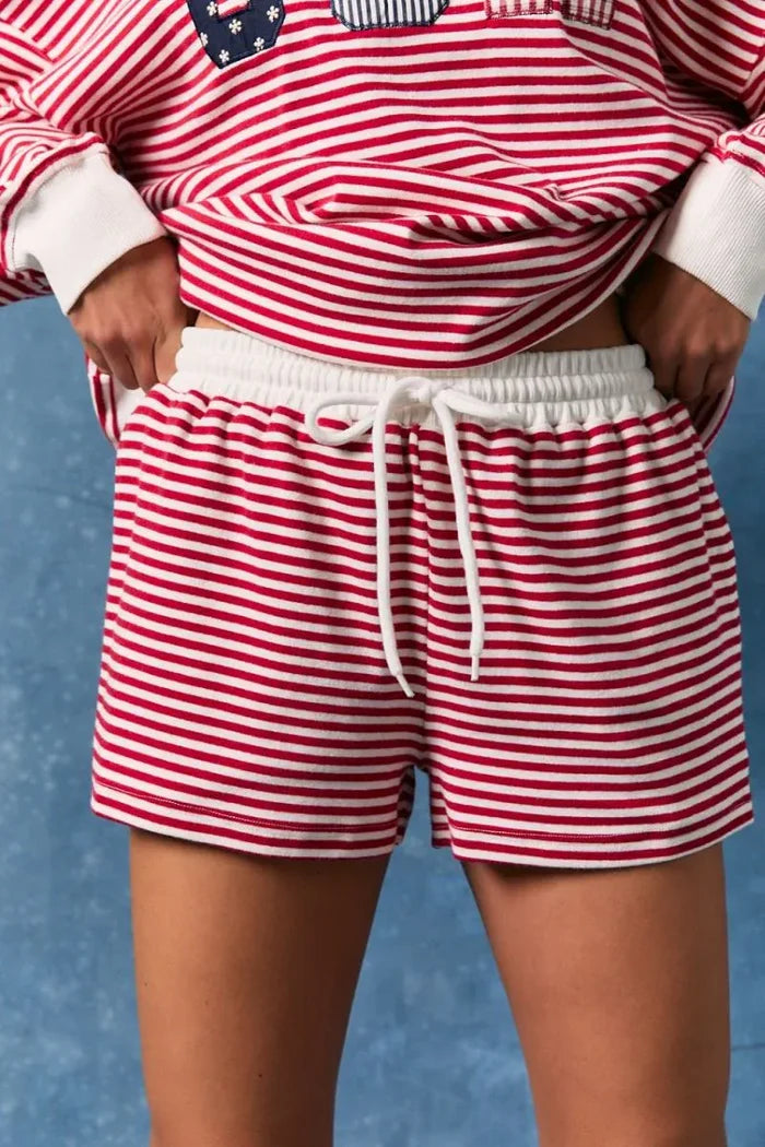 Red Striped Americana Sweatshorts  Red Striped Americana Sweatshorts | Patriotic Summer Shorts | The Red Owl Bottoms