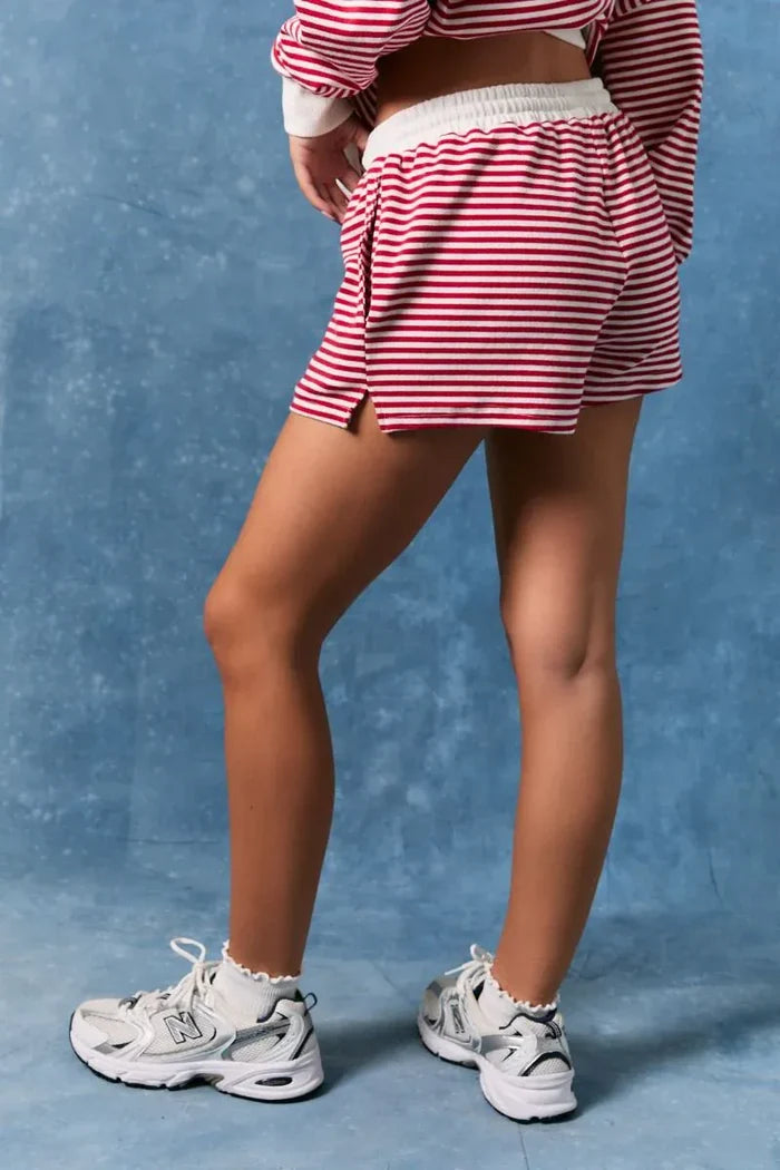Red Striped Americana Sweatshorts  Red Striped Americana Sweatshorts | Patriotic Summer Shorts | The Red Owl Bottoms