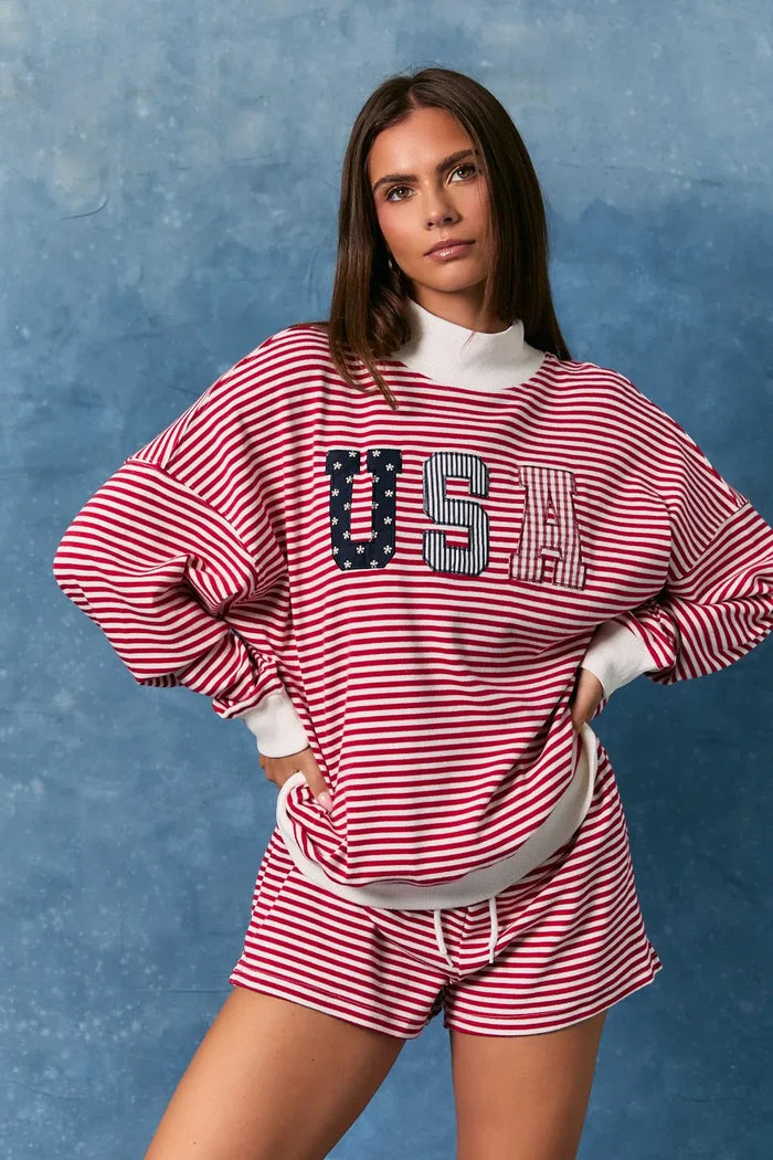 Red Striped Americana Sweatshorts  Red Striped Americana Sweatshorts | Patriotic Summer Shorts | The Red Owl Bottoms