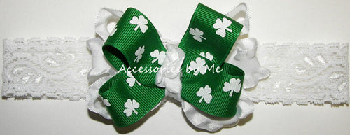 St. Patrick's Day Shamrock White Ruffle Bow Headband