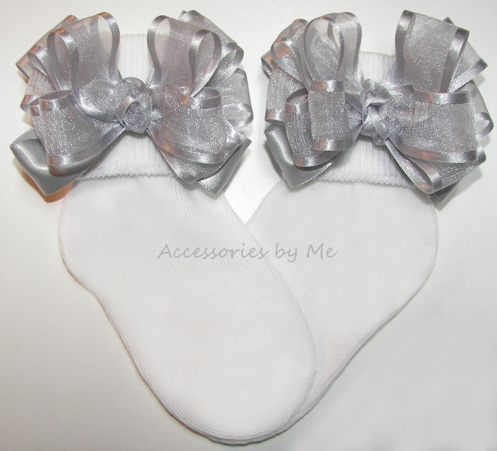 Silver Organza Satin Bow Socks
