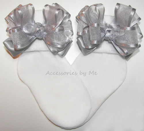 Silver Organza Satin Bow Socks