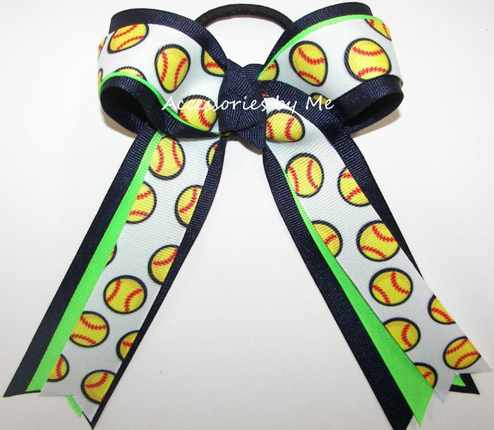 Softball Neon Green Navy Blue Ponytail Hair Bow