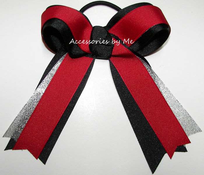 Red Black Silver Ponytail Holder Hair Bow