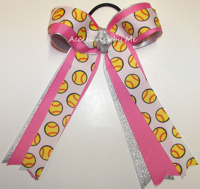 Softball Hot Pink Silver Ponytail Holder Bows