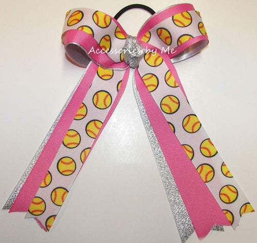 Softball Hot Pink Silver Ponytail Holder Bows