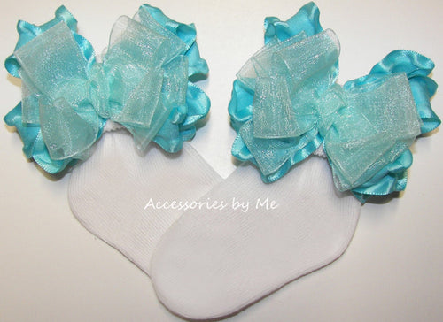 Turquoise Organza Ruffle Bow Socks