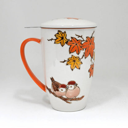 Twin Sparrows Maple Leaves Design 15oz Tea Mugs with Lid and Infuser
