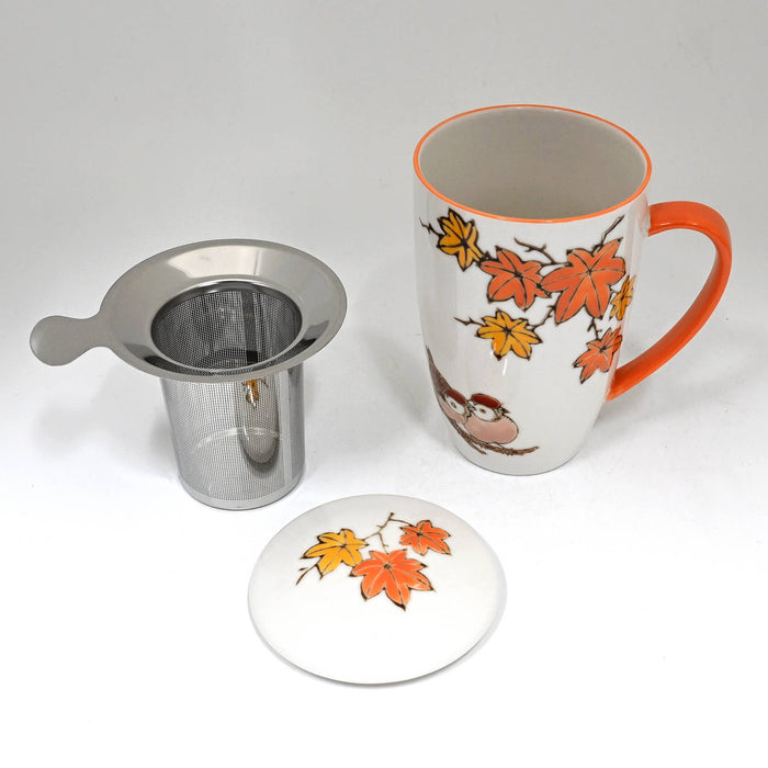 Twin Sparrows Maple Leaves Design 15oz Tea Mugs with Lid and Infuser