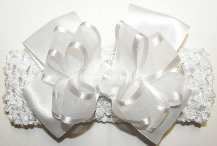 Baptism Frilly White Organza Satin Bow Headband - Accessories by Me