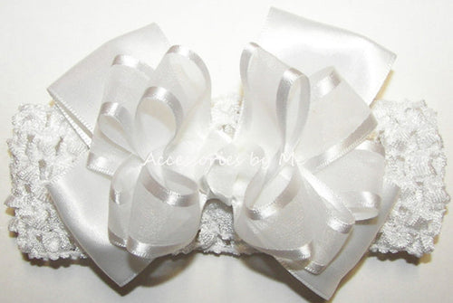 Baptism Frilly White Organza Satin Bow Headband - Accessories by Me