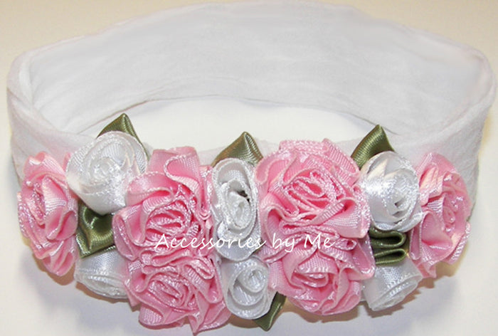 White Pink Satin Roses Floral Nylon Headband