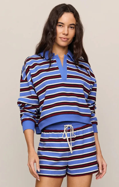 Z Supply Low Key Stripe Fleece Henley in Bay Blue Fleece Henley | Women's Striped Cotton Sweatshirt Tops