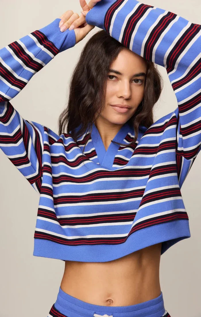 Z Supply Low Key Stripe Fleece Henley in Bay Blue Fleece Henley | Women's Striped Cotton Sweatshirt Tops