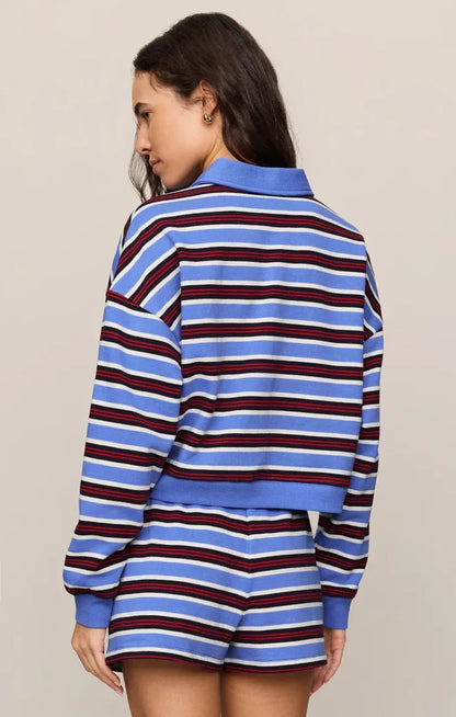 Z Supply Low Key Stripe Fleece Henley in Bay Blue Fleece Henley | Women's Striped Cotton Sweatshirt Tops