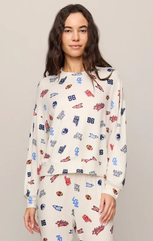 Z Supply Varsity Silky Jersey Long Sleeve Top in Sandstone Varsity Graphic Top | Women's Silky Jersey Long Sleeve Tops