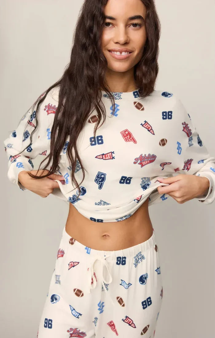 Z Supply Varsity Silky Jersey Long Sleeve Top in Sandstone Varsity Graphic Top | Women's Silky Jersey Long Sleeve Tops