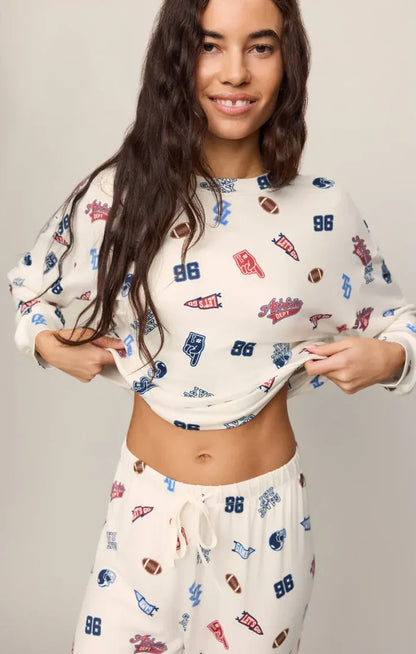 Z Supply Varsity Silky Jersey Long Sleeve Top in Sandstone Varsity Graphic Top | Women's Silky Jersey Long Sleeve Tops