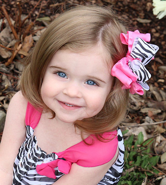 Frilly Zebra Black Hot Pink Ruffle Hair Bow for Girls - Accessories by Me